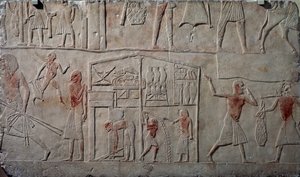 Élelmiszerek elhelyezése a raktárakban, mészkő faldombormű, Horemheb memfita sírjából Szakkarában, Egyiptomi civilizáció, Újbirodalom, XVIII. dinasztia alkotó: Egyptian 18th Dynasty