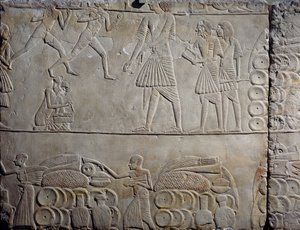 Élelmiszerek elhelyezése a raktárakban, mészkő faldombormű, Horemheb memfita sírjából Szakkarában, Egyiptomi civilizáció, Újbirodalom, XVIII. dinasztia alkotó: Egyptian 18th Dynasty