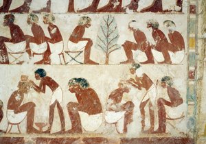 A katonák hajvágása, freskó, déli fal, nyugati keresztirányú kamra, Userhat sírja, tanár és írnok II. Amenhotep uralkodása alatt, más néven TT56 sír, Abd el-Qurna sejk, Théba. Egyiptomi civilizáció, Újbirodalom, XVIII. dinasztia. alkotó: Egyptian 18th Dynasty