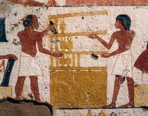 Egyiptom, Luxor, Nyugat-Théba, A Nemesek Völgye. Nenamon és Ipuki sírja. Munkahelyi ácsokat ábrázoló freskó. (Új Királyság, XVIII. dinasztia) alkotó: Egyptian 18th Dynasty