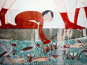 Egyiptomi művészet: Menna sírja. Haljelenet, részlet. Egy meztelen szobalány lótuszvirágot szed (18. dinasztia) Luxor freskója (Téba helye, Abd al-Gournah sejk (Gournah), a Nílus bal partja, Egyiptom. alkotó: Egyptian 18th Dynasty