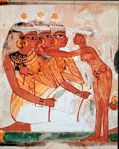 Egyiptomi művészet: Nakht sírja. WC: szobalány segít három lótuszvirágot tartó nőnek ékszert feltenni a temetési bankett előtt. Luxor freskója (Téba helye, Abd al-Gournah sejk nekropolisza (Gournah), a Nílus bal partja, Egyiptom. alkotó: Egyptian 18th Dynasty