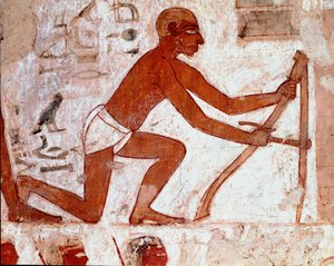 Egyiptomi művészet: Rekhmire sírja. Ploucher dolgozik a mezőgazdasági szerszámával. Luxor freskója (Téba helye, Abd al-Gournah (Gournah) sejk nekropolisza, a Nílus bal partja, Egyiptom. - Ókori Egyiptom: Rekhmire sírja. Egy szántó munkája agrijával alkotó: Egyptian 18th Dynasty