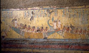 Egyiptomi antikvitás: Maia festő sírjának freskója, hajós zarándoklat Abydoson, Ozirisz idézése. 18. dinasztia. Maia kápolnájából Deir el-Medineh (el Medineh), New Empire Dim. 67 cm Torino, Egyiptomi Múzeum alkotó: Egyptian 18th Dynasty