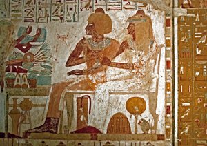 Egyiptomi antikvitás: Userhat (Ursehat) (TT56) sírját díszítő festmény, a fürdő vezető tisztviselője (18. dinasztia) képviselte őt feleségével Mutneferettel (Moutneferet) felajánlásokat (nyakláncot, tálcát lótuszvirággal és étellel). Luxor, West Ban alkotó: Egyptian 18th Dynasty