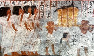 Egyiptomi ókor: felvonulás az elhunyt zsigereinek összegyűjtésére használt lombkoronás edények hordozóival. Roy sírjának festménye alkotó: Egyptian 18th Dynasty