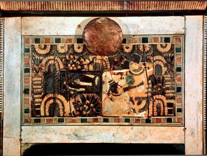 Egyiptomi antikvitás: kis fadoboz elefántcsont berakással, amely Tutanhamon fáraó vadászterületeit ábrázolja. 18. dinasztia. Tutankhamon (All-Ankh-amun vagy Tutankhamon) sírjából (Kr.e. 1345-1327) A Királyok Völgye. Théba Kairó, Egyiptomi Múzeum alkotó: Egyptian 18th Dynasty