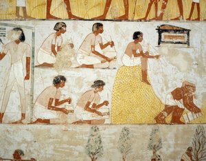 Termény betakarítása, gabonacséplés és -szeletelés, részlet Menna sírjának előcsarnokában, Sheikh Abd el Qurnah Necropolis, Luxor, Théba freskóiról (az Unesco világörökségi listája) alkotó: Egyptian 18th Dynasty