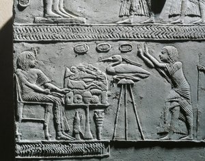 Horemheb temetési vacsorát eszik, dombormű Horemheb sírjából, Szakkarából alkotó: Egyptian 18th Dynasty