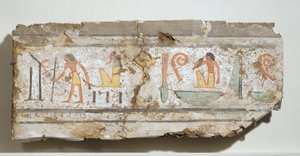 Felirat különösen világos hieroglifákkal: egy férfi sétapálcával, egy szakállas isten guggolva, egy férfi a kezét a szájához tartva ... alkotó: Egyptian 18th Dynasty