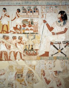 Menna munkásait felügyeli a szántóföldeken, részlet a Menna sírjának előcsarnokának freskóiról, Sheikh Abd el Qurnah Necropolis, Luxor, Théba (az UNESCO világörökségi listája) alkotó: Egyptian 18th Dynasty