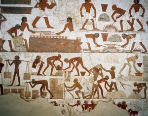 Fémfeldolgozás és téglagyártás, részlet Rekhmire sírja, Sheikh Abd el Qurnah Necropolis, Luxor, Théba freskóiról (az Unesco világörökségi listája) alkotó: Egyptian 18th Dynasty