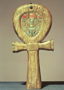 Tükör tok ankh formájában, Tutanhamon sírjából (Kr. e. 1370-52) Új Királyság (üvegpasztával kirakott aranyozott fa)