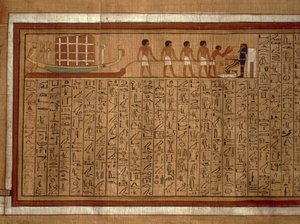 Papirusz a "Halottak könyvének" hieroglifáival és polikróm illusztrációkkal Kha thébai sírjából. Újbirodalom, XVIII. dinasztia alkotó: Egyptian 18th Dynasty