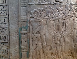 Núbia, Líbia, Szíria és Palesztina hercegei a király előtt tisztelegni jönnek, mészkő dombormű, Horemheb memfiti sírjából, Szakkarában, Egyiptomi civilizáció, Új Királyság, XVIII. dinasztia alkotó: Egyptian 18th Dynasty