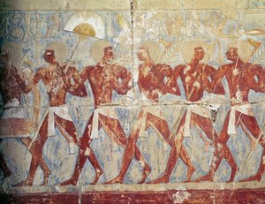 A Hathor istennő tiszteletére felvonulást ábrázoló dombormű a Hatsepszuti Halotti Templomból (Kr. e. 1503-1482) Új Királyság (festett mészkő) (lásd még: 382845) alkotó: Egyptian 18th Dynasty