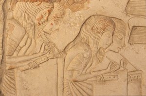 Dolgozó írnokokat ábrázoló dombormű, Horemheb sírjából (Kr. e. 1323-1295) Új Királyság (falfestmény) (218338. részlet) alkotó: Egyptian 18th Dynasty