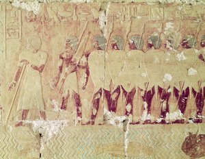 Dombormű, amely a Hatsepszut királynő által Punt földjére küldött expedícióra küldött katonákat ábrázol, hogy visszahozzák a templomi rituáléhoz felhasználható összetevőket a Hatsepszuti Halotti Templomból, Kr.e. 1503-1482, Új alkotó: Egyptian 18th Dynasty