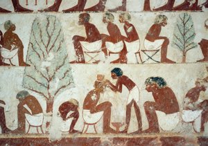 Haját vágott katonák, részlet a Userhat sírjának freskóiról, Abd el Qurnah sejk nekropolisza, Luxor, Théba (az Unesco világörökségi listája) alkotó: Egyptian 18th Dynasty