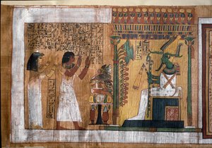 Az elhunyt Kha és felesége Merit imádják Ozirist, a túlvilág urát - Papirusz a Halottak könyvéből, Kha építész sírkamrájából alkotó: Egyptian 18th Dynasty