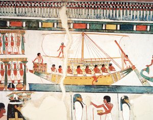 A napelemes hajó, az abydosi zarándoklat részlete, freskó, északi fal, hosszú étkező, thébai sír TT69, Sheikh Abd el-Qurna, Théba (az UNESCO világörökségi listája alkotó: Egyptian 18th Dynasty