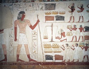 A réz mérlegelése, freskó, Userhat sírja, tanár és írnok II. Amenhotep uralkodása alatt, más néven TT56 sír, Abd el-Qurna sejk, Théba (Unesco Világörökségi Lista) alkotó: Egyptian 18th Dynasty
