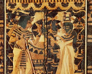 Felső panel egy ládából, Tutanhamon sírjából, Új Királyságból (fa, bronz, elefántcsont és színes máz) alkotó: Egyptian 18th Dynasty