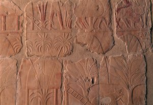 Falu kunyhókkal, a Punt királyság jelenetei, a központi oszlopsor déli fala, Hatsepszut halotti temploma, Deir el-Bahari, thébai nekropolisz (UNESCO Világörökségi Listán) alkotó: Egyptian 18th Dynasty