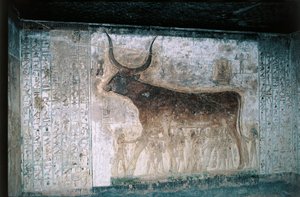 Egyiptom, Luxor, a Királyok Völgye, I. Szeti sírja, belső freskók Nut istennőt tehénként ábrázoló freskókkal alkotó: Egyptian 19th Dynasty