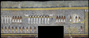 Egyiptom, Théba, Luxor, A Királyok Völgye, I. Ramszesz sírja, Ra falfestmény szoláris kéregben a sírkamrában a 19. dinasztiából alkotó: Egyptian 19th Dynasty