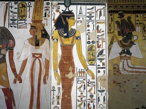 Egyiptom, Théba, Luxor, Királynők Völgye, Nefertari sírja, Előcsarnok, Falfestmények, Harsiesi kézen fogva vezeti a királynőt, Neith istennő
