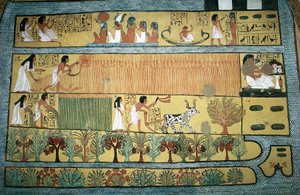 Egyiptom, Théba, Dayr al-Madinah (Deir el-Medina) állami munkások faluja, Sennedjem sírja, Ialu mezőin mezőgazdasági jeleneteket ábrázoló freskó, Újbirodalom, XIX. dinasztia alkotó: Egyptian 19th Dynasty