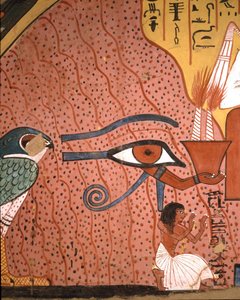 Egyiptomi antikvitás: „” a kézműves Pached (vagy Pashedou vagy Pachedou vagy Pashed vagy Pashedu) letérdelve imádkozik mellette, Horus Oudjat szeme””” Pachedou sírjának freskója, Deir, el Medinet, Egyiptom alkotó: Egyptian 19th Dynasty