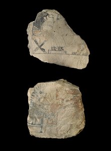 Mészkő ostraca humoros vázlatokkal piros és fekete tintával (fekete-piros tintával festett mészkő)