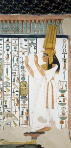 Nefertari az Ozirisz Királyság első ajtaja előtt, karját imádatként felemelve, freskó, sírkamra, Nefertari sírja (QV66), Királynők Völgye, Théba. Egyiptomi civilizáció, Újbirodalom, XIX. dinasztia.