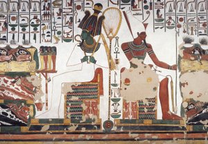 Ozirisz és Atum, freskó, keleti fal, keleti oldalkamra, Nefertari sírja (QV66), Királynők Völgye, Théba (Unesco Világörökség listája). alkotó: Egyptian 19th Dynasty