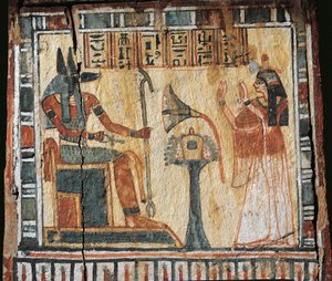 Festett fadoboz, amely egy elhunytat és Anubi istent ábrázol, Tamutnofret shabtisai számára alkotó: Egyptian 19th Dynasty