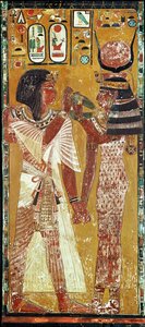 Dombormű, amely Hathor istennőt ábrázolja, amint a mágikus nyakörvet I. Setire helyezi (Kr.e. 1394-1279) Új Királyság (festett mészkő)
