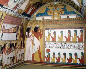 Sennedjem és felesége tizenkét istenséget tartalmazó naosszal szemben, Sennedjem sírjának nyugati faláról, A Dolgozók Faluja, Új Királyság (falfestmény)