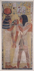 Hathor istennő a mágikus nyakörvet I. Setire helyezi (i.e. 1394-1279 körül), amelyet I. Seti sírjából vettek a Királyok Völgyében, Új Királyságban (festett mészkő dombormű) alkotó: Egyptian 19th Dynasty