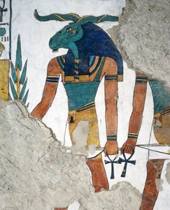 A kosfejű hírnök, Ozirisz Királyság harmadik ajtaja, Halottak könyve 144. fejezete, freskó, sírkamra, Nefertari sírja (QV66), Királynők Völgye, Théba. Egyiptomi civilizáció, Újbirodalom, XIX. dinasztia. alkotó: Egyptian 19th Dynasty