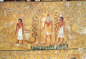 Ra napisten a napbarkjában, egy kígyó tekercseivel védett, I. Seti sírjából (Kr. e. 1394-1279) Új Királyság (festett mészkő)