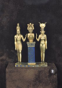 Ozirisz, Hórusz, Ízisz: Osorkon II hármasa, II. Osorkon uralkodása, ie 874-850 körül (arany, lapis lazuli és üveg)