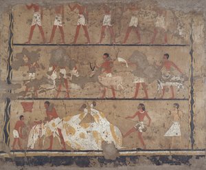 Scenes of cattle breeding, slaughter, bearers of offerings and sacrifice, Tomb of Iti and Neferu (mural) alkotó: Egyptian 6th Dynasty