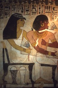 Ókori Egyiptom, falfestmény, Szennufer sírja, Théba, Szennufer és nővére Merit lótuszvirágot tartanak, Szennufer, Théba polgármestere és felügyelője II. Amenofisz fáraó alatt alkotó: Egyptian Egyptian