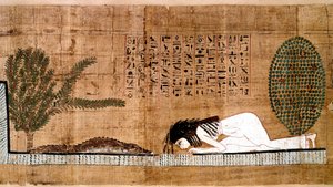 Egyiptomi ókor: egy kihalt képviselő, aki a krokodilt, a fekondita szimbólumát imádja. Papirusz a halottak könyvéből. Kairó, Egyiptomi Múzeum - Ókori Egyiptom: egy elhunyt, aki a krokodilt, a termékenység szimbólumát imádja. A halottak könyvének papirusza.