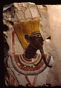 Egyiptomi antikvitás: Amon Min (Amon-Min) termékenységistent ábrázoló mészkőfestmény részlete. Luxor, Egyiptomi Művészeti Múzeum alkotó: Egyptian Egyptian