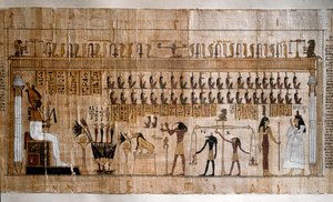 Egyiptomi ókor: a lelkek mérlegelése (pszichosztázis). A halottak könyvének papirusza. Torino, Egyiptomi Múzeum – Ókori Egyiptom: a lelkek mérlegelése (pszichosztázia). Papirusz a halottak könyvéből. Egyiptomi Múzeum, Torino, Olaszország