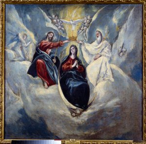 A Szűz koronázása Domenikos Theotokopoulos dit El Greco festménye (1541-1614) 1595 V. 0,99x1,01 m Madrid, Prado Múzeum alkotó: El Greco