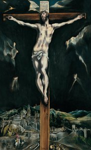 A keresztre feszített Krisztus Toledóval a háttérben alkotó: El Greco